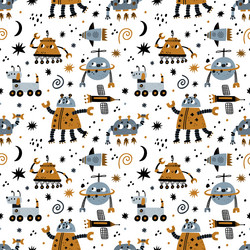 Seamless pattern cute robots kids funny robotic vector