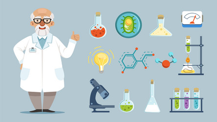 Cartoon scientist elements chemical laboratory vector