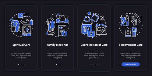 hospice care night mode onboarding mobile app vector