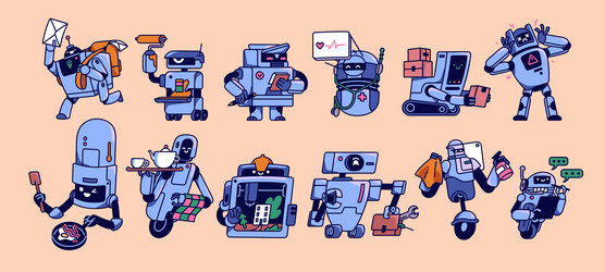 Robot assistant characters set cute ai machines vector