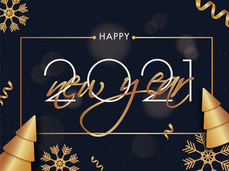 2021 happy new year text with golden xmas trees vector image