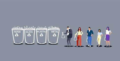 people putting garbage bags in different types vector