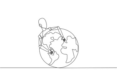 continuous one line drawing robot hugging globe vector image