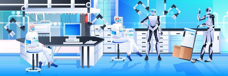 robots with scientists in protective suits making vector image