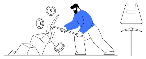 man mining cryptocurrency with pickaxe while coins vector image