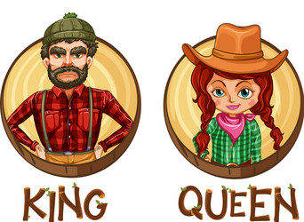 King and queen characters on round badges vector