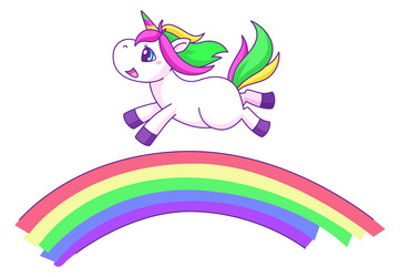 Unicorn running on rainbow fairytale icon vector