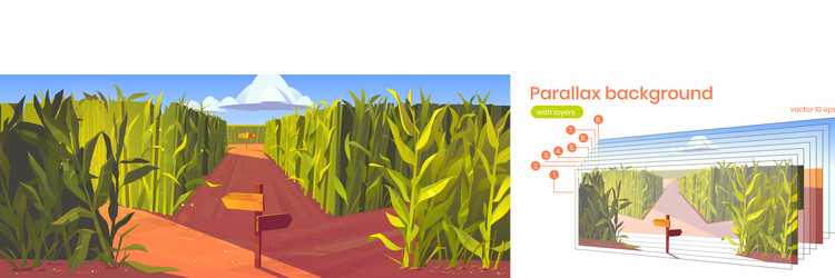 Parallax background cornfield with road pointers vector