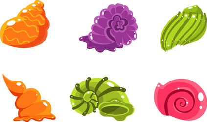 colorful glossy seashells and sea creatures set vector