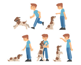 Young boy training his dog teaching him sitting Vector Image