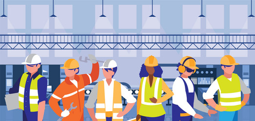 Team work people in factory scene vector