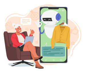 Elderly woman character navigates online shopping vector