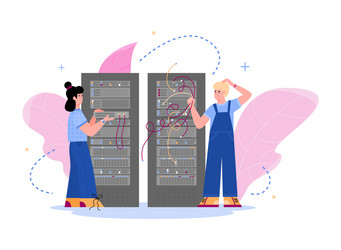 Data hosting center with engineers in server room vector