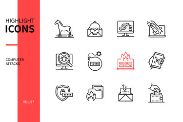 computer attacks - line design style icons set vector