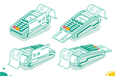 isometric pos terminal with credit card and cash vector