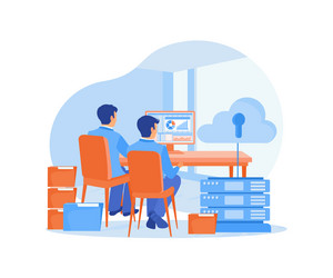 office staff analyzes data on computers storing vector image