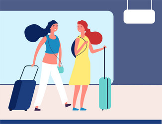 Girls with suitcases young travellers in airport vector