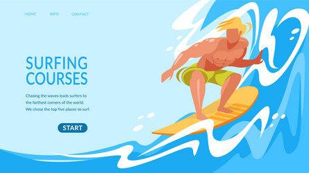 Young man riding surf board ocean waves banner vector