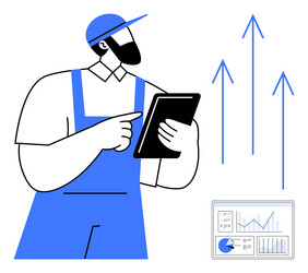 worker in uniform analyzing data on tablet vector image