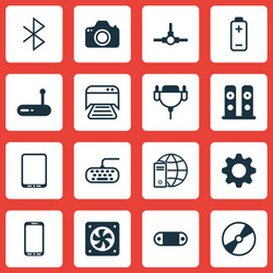 set of 16 computer hardware icons includes cd-rom vector