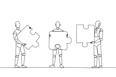 Three Robots Solving a Puzzle vector image