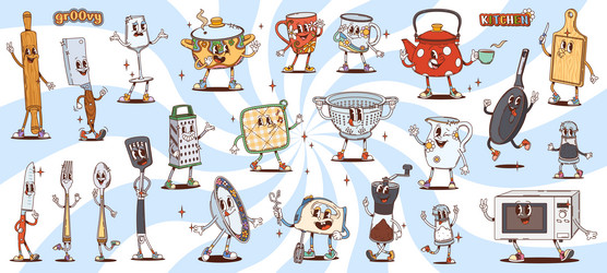 retro groovy kitchenware and utensils characters vector image