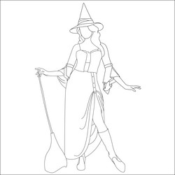 Cute Witch on Broom - Halloween Coloring Page Vector Image