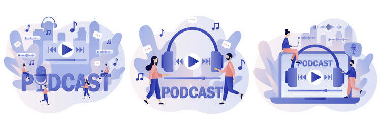 podcast concept tiny people listening audio vector