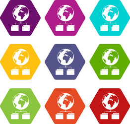 planet and two folders icon set color hexahedron vector image