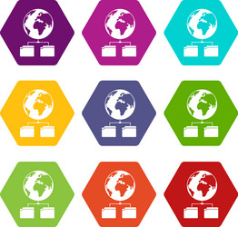 Planet and two folders icon set color hexahedron vector