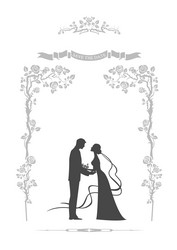 bride and groom in a floral frame vector