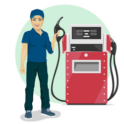 Gas station worker standing next to fuel dispenser vector