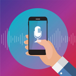 Hand with mobile phone microphone button vector