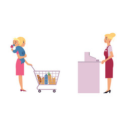 supermarket cash desk with female cashier vector