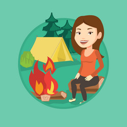 Woman sitting on log near campfire in the camping vector