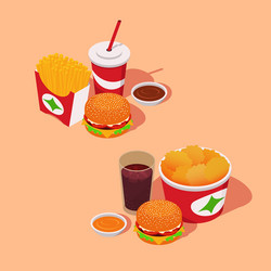 fast-food combo sets fries burgers nuggets sauces vector