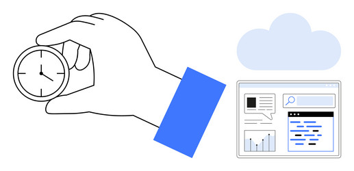 hand holding clock with cloud and web interface vector image
