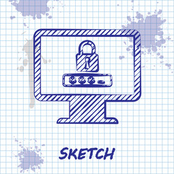 sketch line monitor with password notification vector image