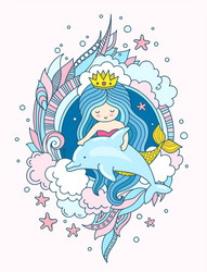 Cute Kawaii Mermaid Princess with Dolphin Vector Image
