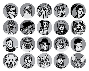 People and pets faces round icons gray scale set vector