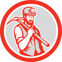 coal miner hardhat holding pick axe circle woodcut vector