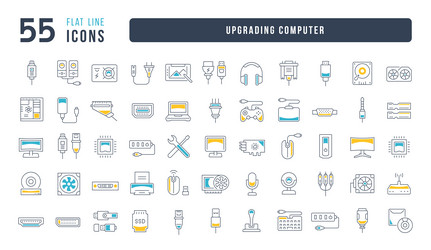 set of linear icons upgrading computer vector