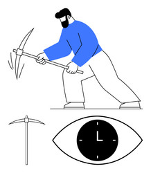 worker mining with pickaxe and clock symbol vector image