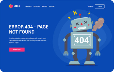 Web site error 404 with a broken robot button vector