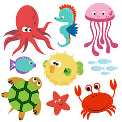 cute colorful set undersea world animalas vector