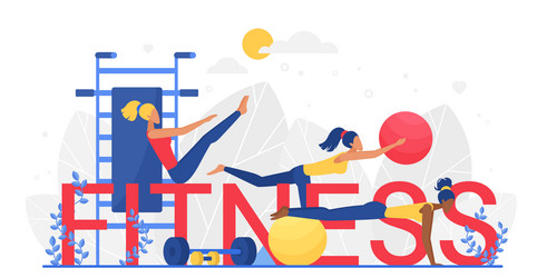 Fitness big letters word concept woman doing vector