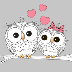 Two cute cartoon owls with hearts Royalty Free Vector Image