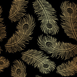 Gold tropical peacock feather seamless pattern vector