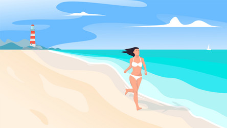 sports girl in a bikini runs along sea beach vector