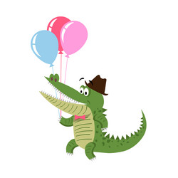 Cartoon crocodile with air balloon in hat isolated vector